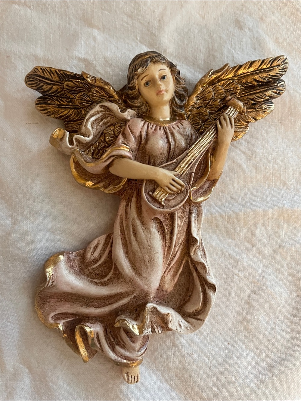 Vintage Hand-Painted Angel Ornament with Gold Wings